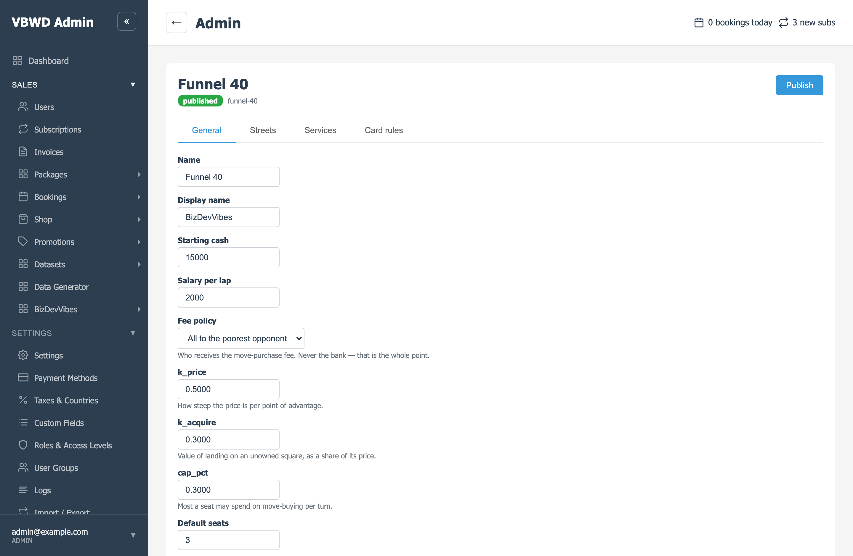 The VBWD admin board editor for the Funnel 40 board, showing tabs for General, Streets, Services and Card rules, and fields for name, display name, starting cash, salary per lap, fee policy, k_price, k_acquire, cap_pct and default seats.