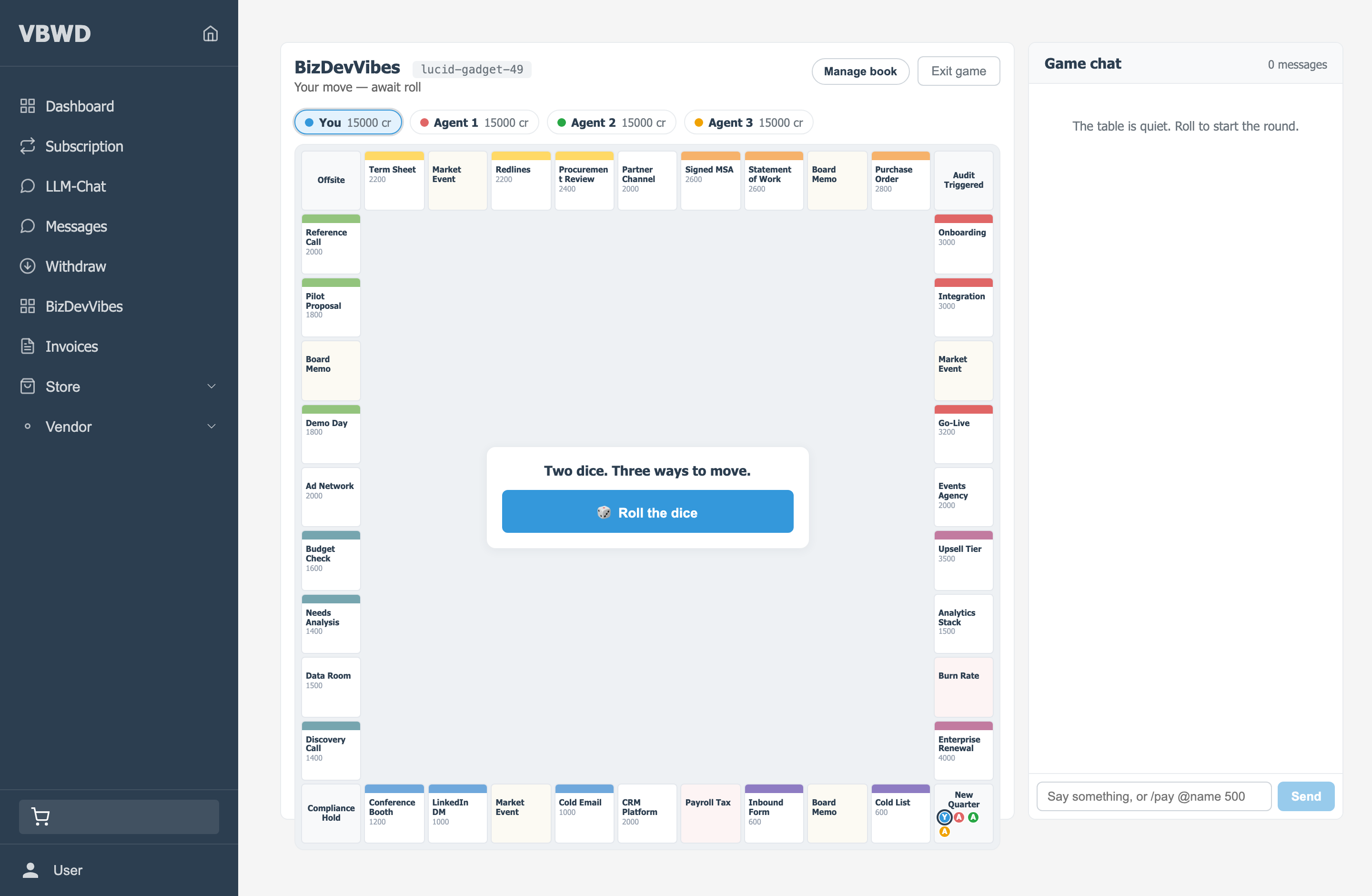 The BizDevVibes board in the VBWD user app: a 40-square loop whose colour groups are funnel stages, four seats each holding 15000 credits, a Roll the dice panel, and a game chat sidebar.