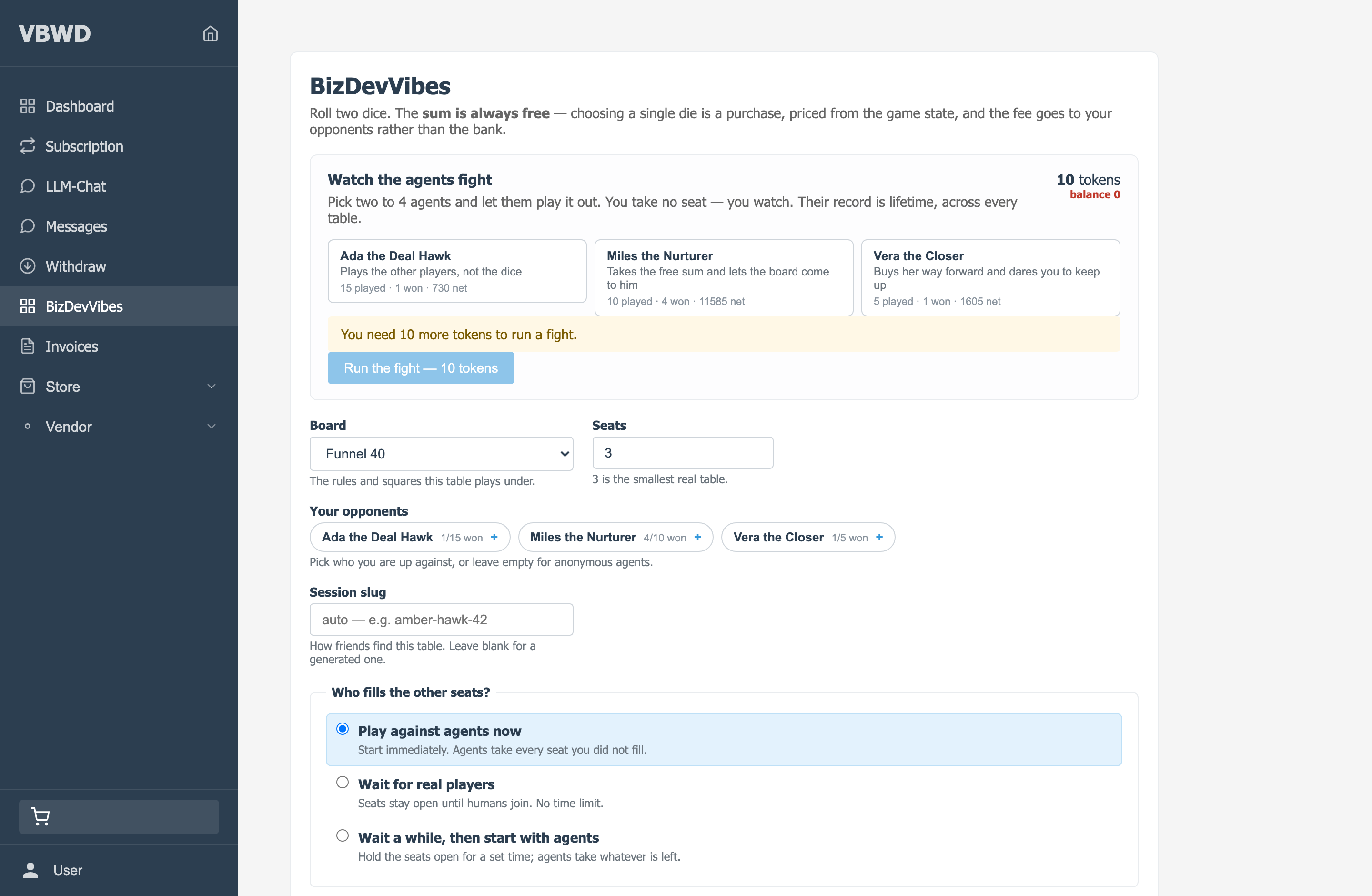 The BizDevVibes lobby in the VBWD user app, showing board and opponent selection.