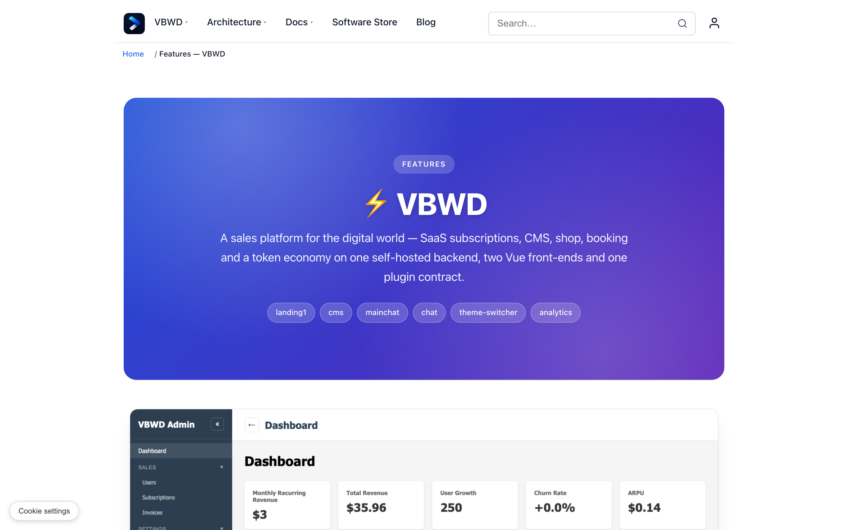 VBWD platform features page showing the self-hosted full-stack capabilities