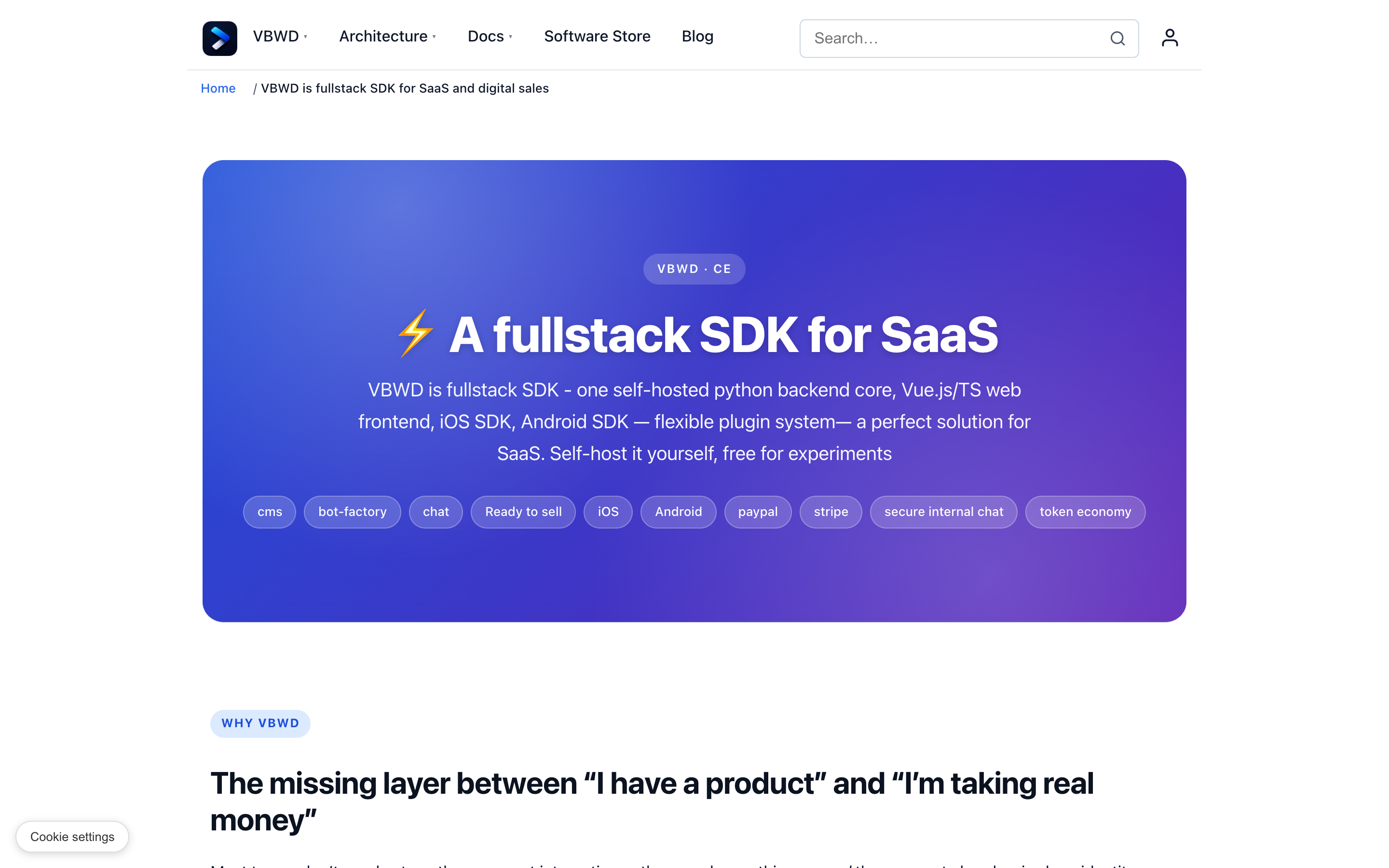 The VBWD platform home page describing a fullstack self-hosted SDK for SaaS and digital sales