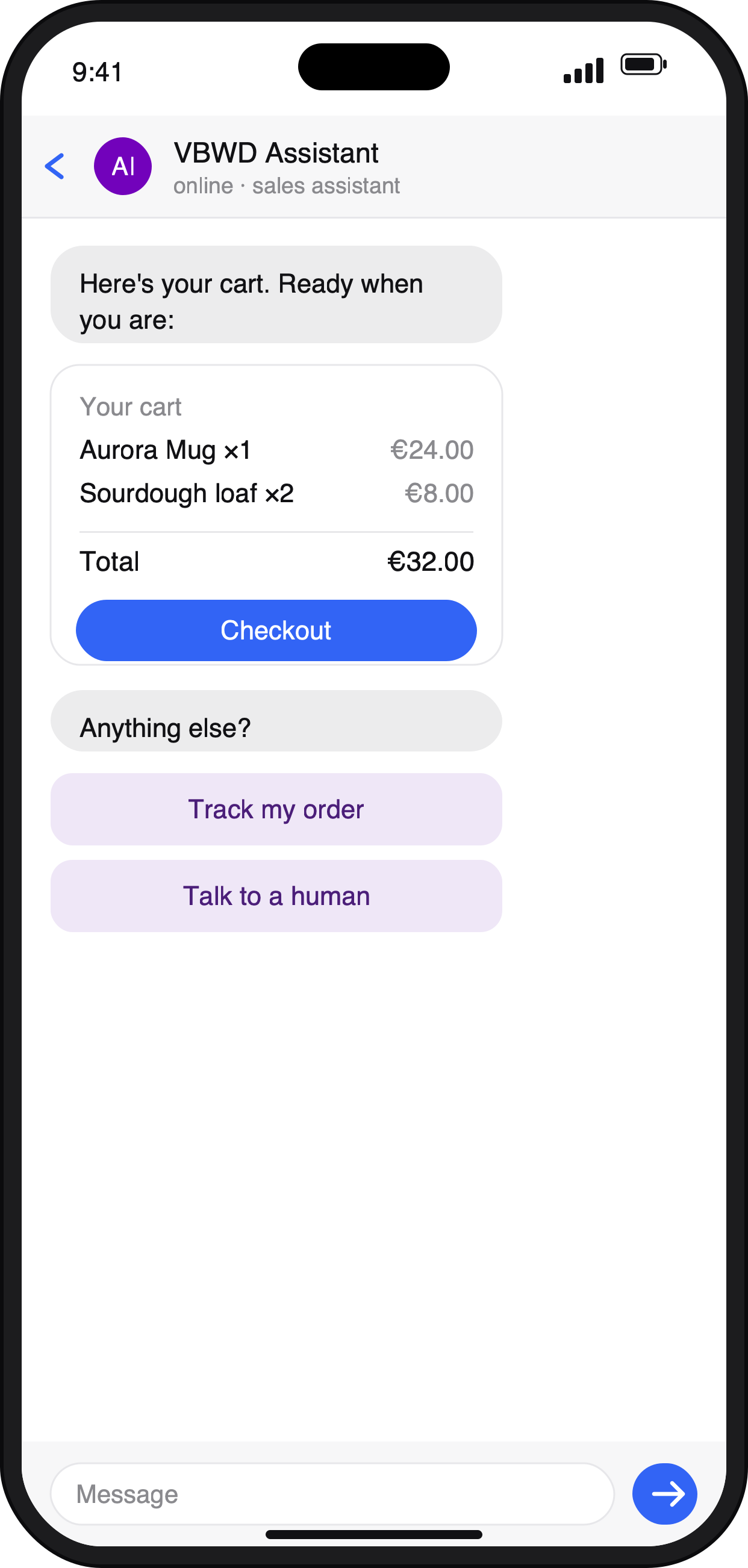 Vertical iPhone chat with the VBWD sales assistant showing a cart card: Aurora Mug and Sourdough loaf line items, a total of 32 euros, a blue Checkout button, and two quick-reply buttons: Track my order and Talk to a human.