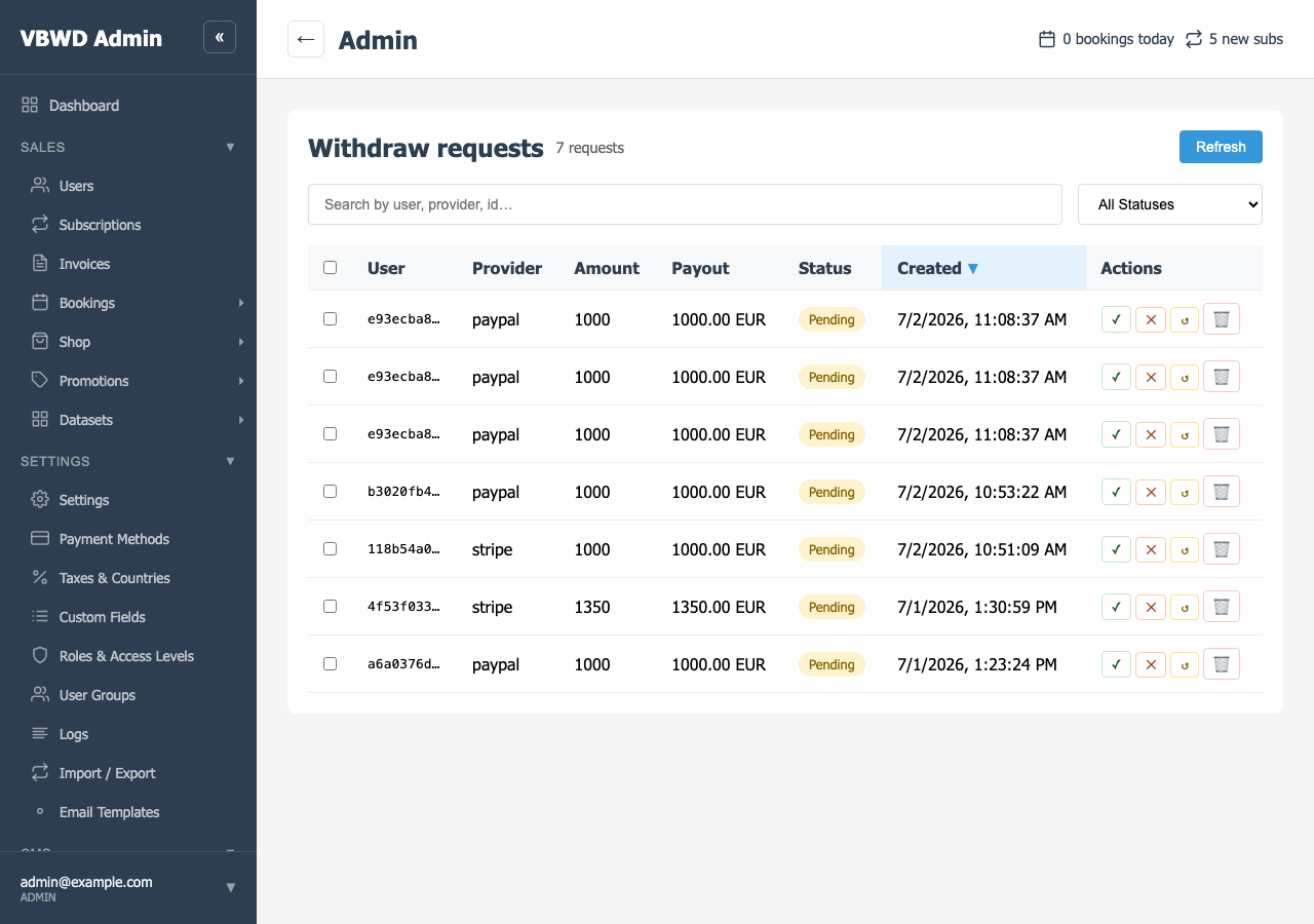 The withdraw-request queue with per-row status.