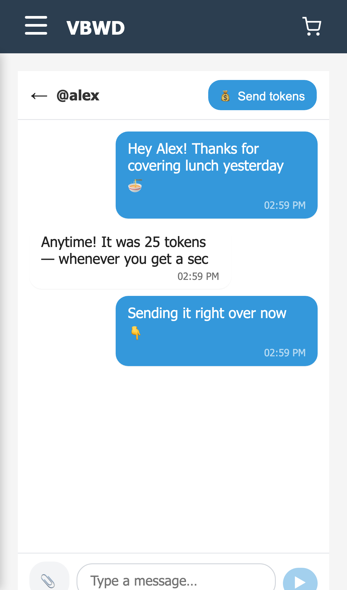 Gustav and Alex chatting 1:1 — outgoing messages in blue on the right, incoming in grey on the left, with the peer shown as @alex in the top bar, a 💰 Send tokens button, and the composer pinned below.