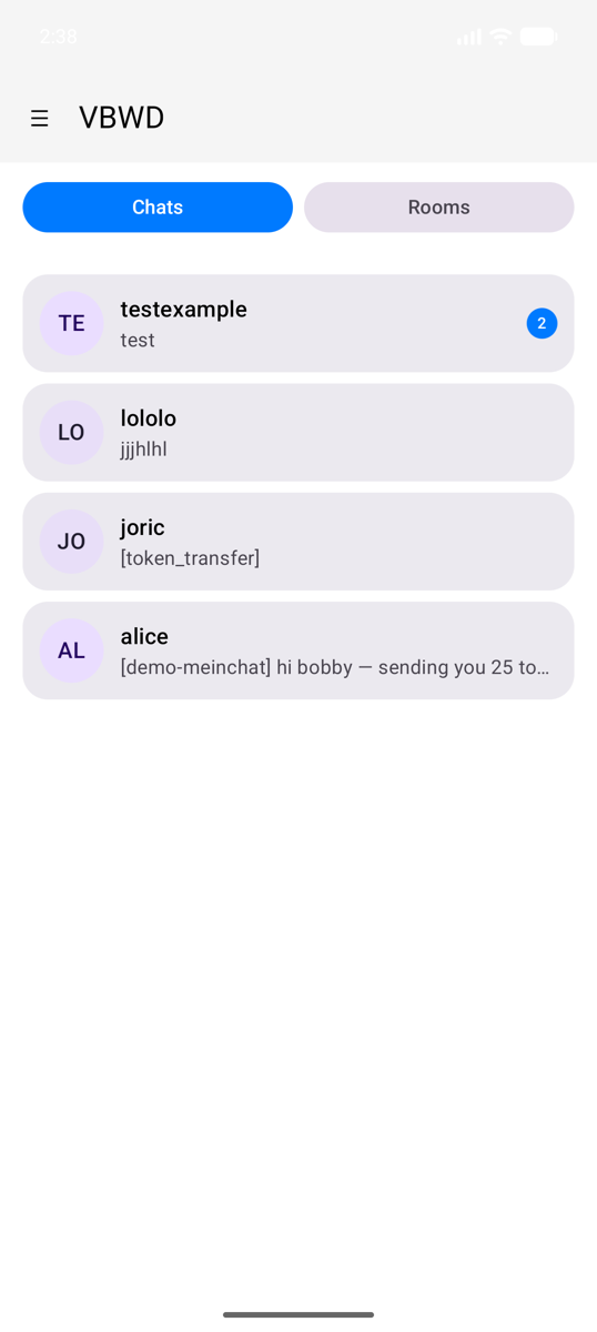 The inbox — colour-keyed conversation cards with message previews and unread badges, and the Chats / Rooms toggle. Tap + New chat to start a 1:1.