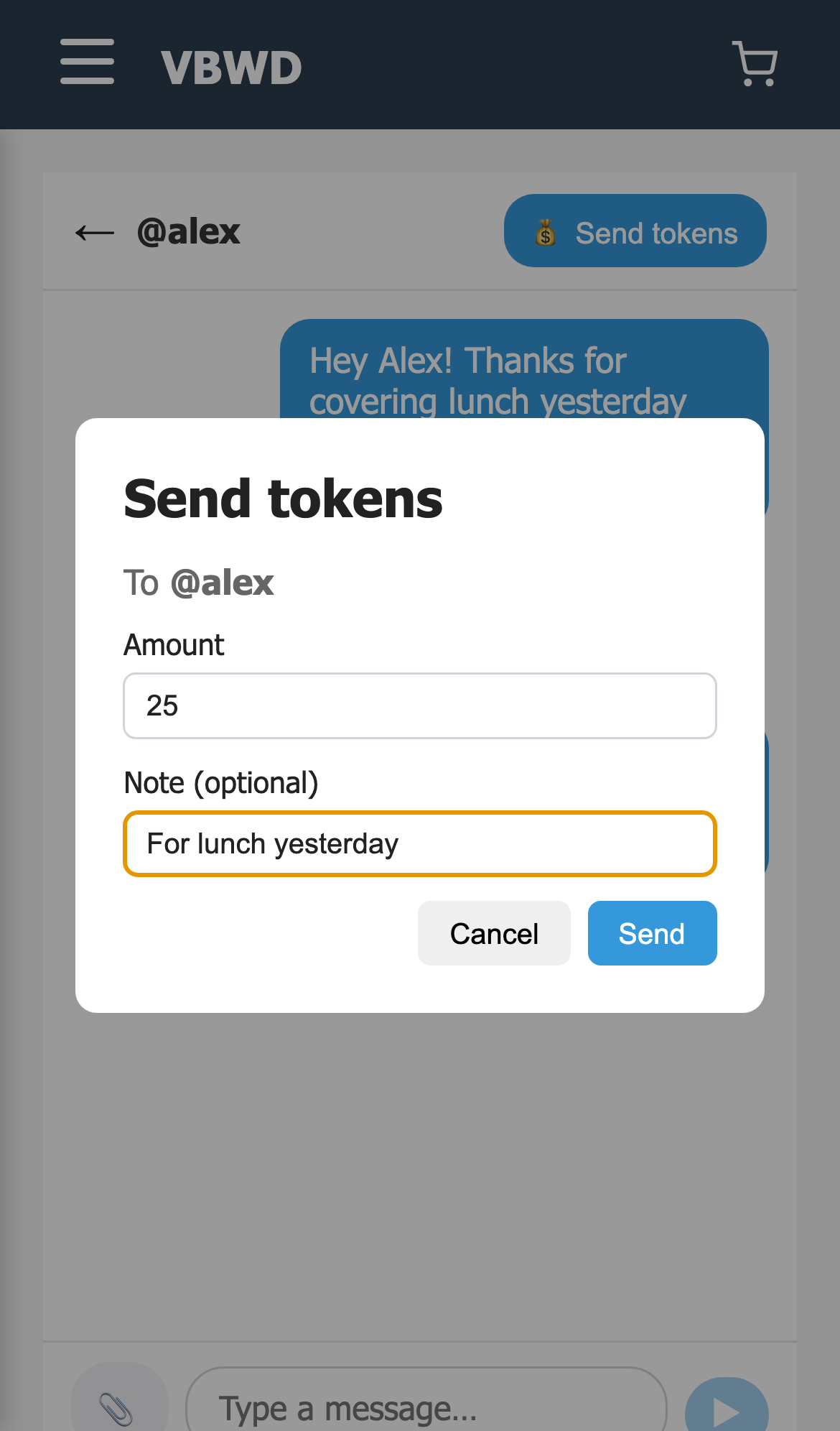 3 — Gustav enters 25 and the note “For lunch yesterday”, then taps Send. The button stays disabled until the amount is valid.