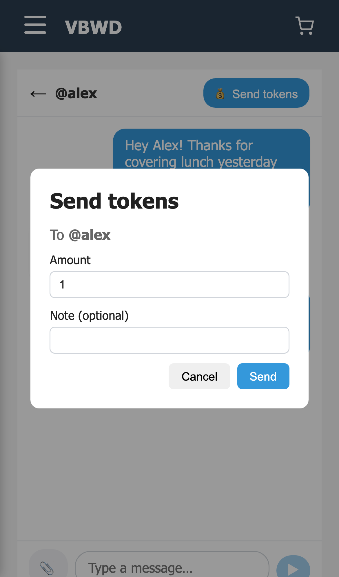 Send tokens to another user