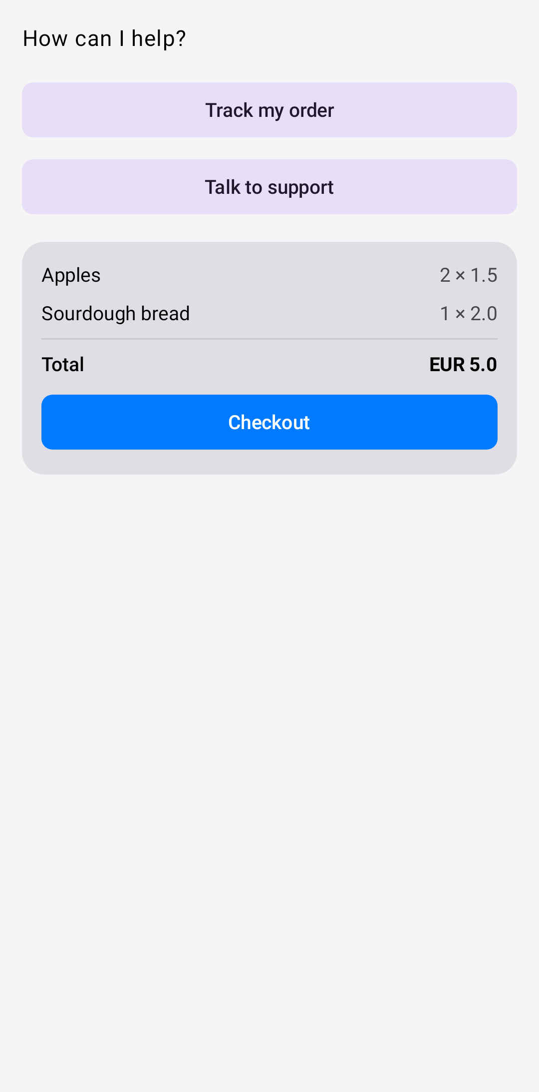 LLM bot — choice cards & cart