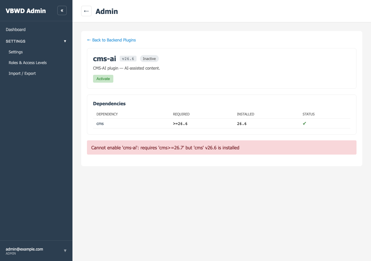 HTTP 422 — cannot enable cms-ai: requires cms>=26.7 but cms v26.6 installed.
