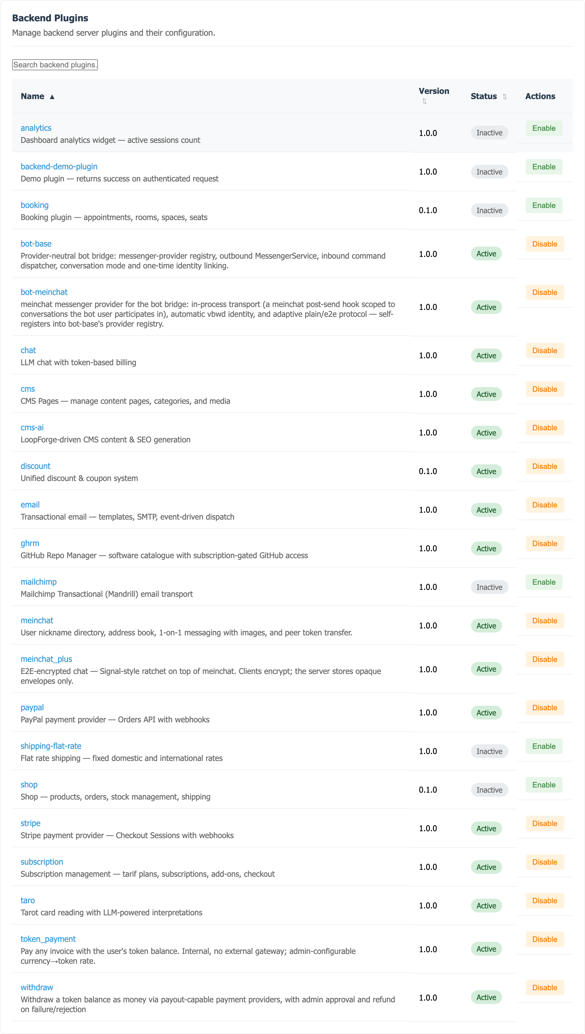 The admin Backend Plugins list — each plugin's version, Active/Inactive status and the Enable/Disable lifecycle action.