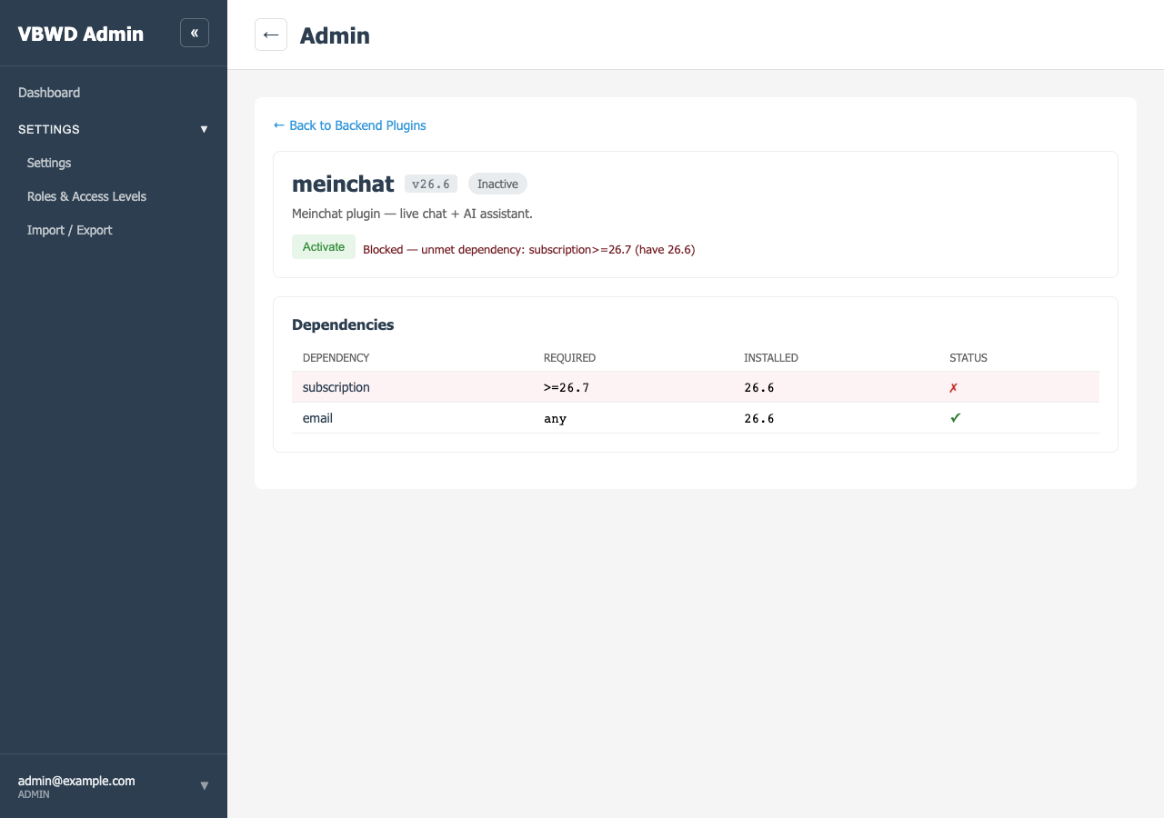 meinchat activation blocked — subscription>=26.7 required but 26.6 installed.